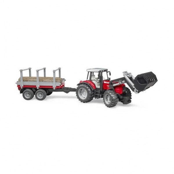 Tractor Massey Ferguson 7480 cu incarcator frontal si remorca de transport lemn 02046 Bruder