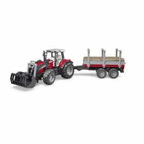 Tractor Massey Ferguson 7480 cu incarcator frontal si remorca de transport lemn 02046 Bruder